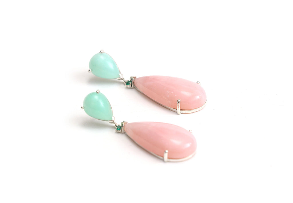 Chrysoprase Pear, Emerald , Pink Opal Pear Earrings | Beautiful Natural Gemstone Earrings | 925 Sterling Silver Prong Earrings, Gift For Her - National Facets, Gemstone Manufacturer, Natural Gemstones, Gemstone Beads