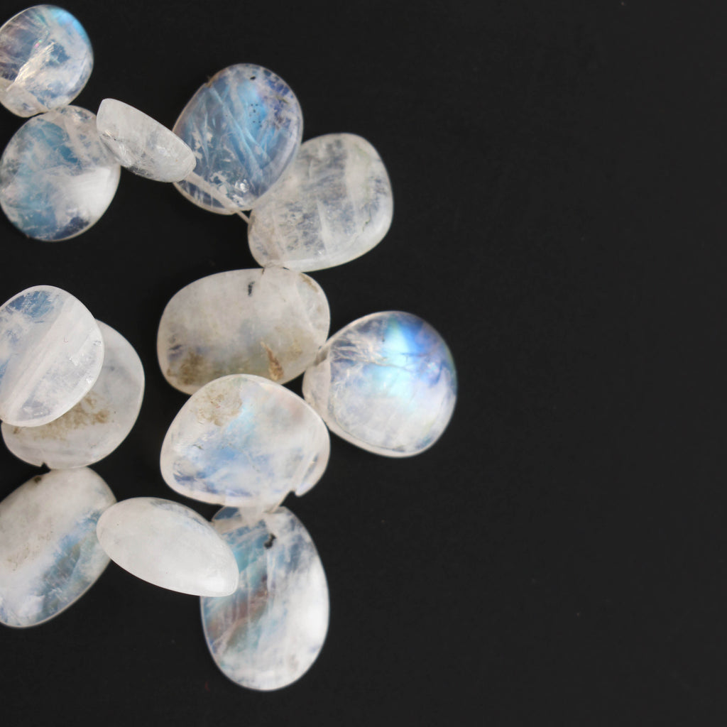 Natural Rainbow Moonstone Smooth Cabs, 9x8 mm to 15.5x10.5 mm, Rainbow Cabs, Moonstone strand, 4 Inch Full Strand, per strand price - National Facets, Gemstone Manufacturer, Natural Gemstones, Gemstone Beads