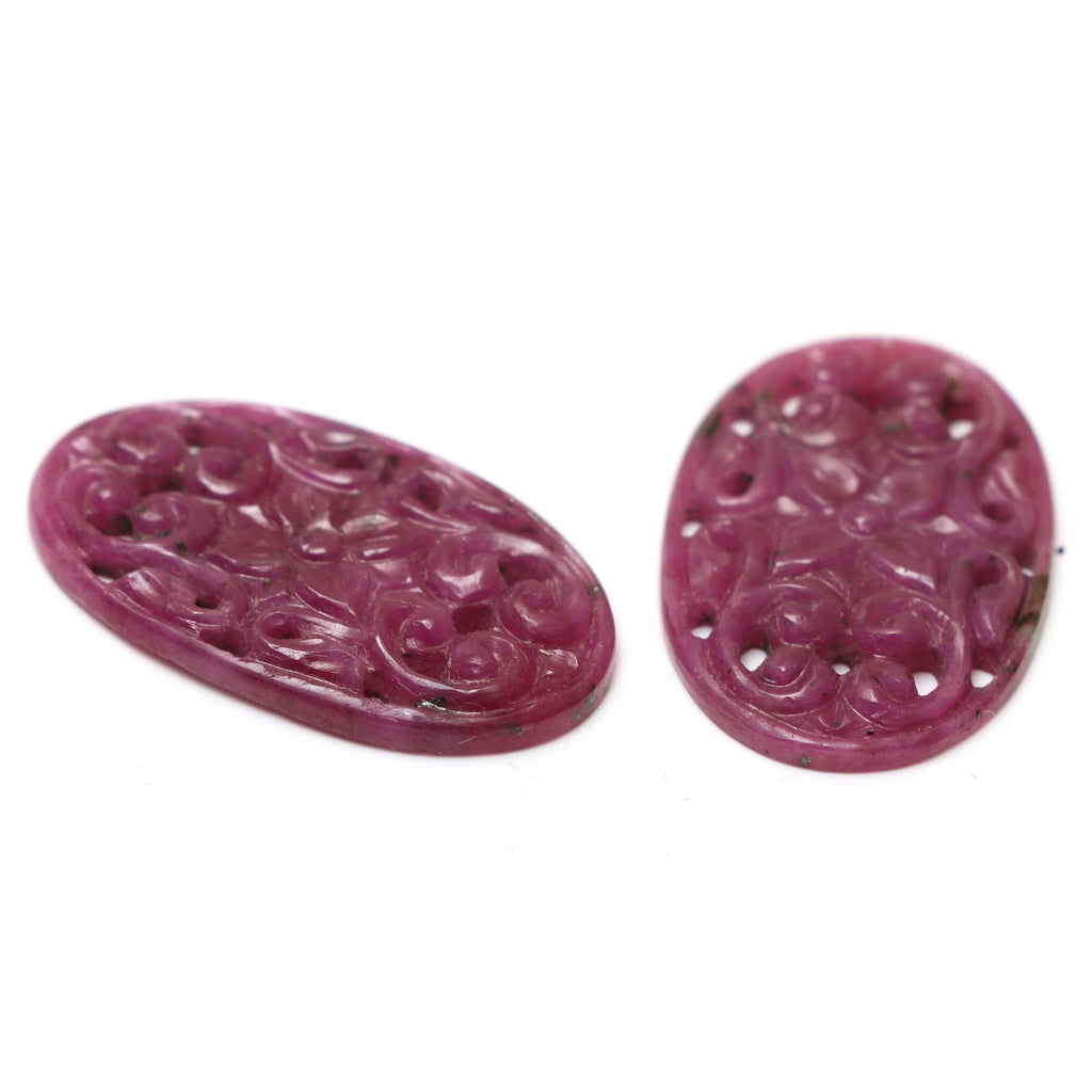 Natural Ruby Carving Oval Shaped Loose Gemstone - 20x33 mm - Ruby Oval, Ruby Carving Loose Gemstone, Pair (2 Pieces) - National Facets, Gemstone Manufacturer, Natural Gemstones, Gemstone Beads