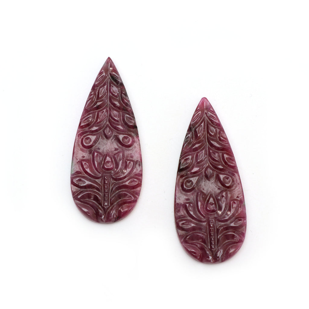 Natural Ruby Carving Pear Shaped Loose Gemstone - 41x17x2 mm - Ruby Pear, Ruby Carving Loose Gemstone, Pair (2 Pieces) - National Facets, Gemstone Manufacturer, Natural Gemstones, Gemstone Beads