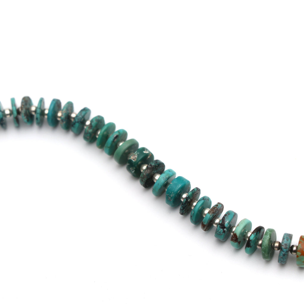 Turquoise Smooth Tyre Beads with Metal Spacer Ball- 6 mm to 7.5 mm - Turquoise Coin - Gem Quality , 8 Inch Full Strand, Price Per Strand - National Facets, Gemstone Manufacturer, Natural Gemstones, Gemstone Beads