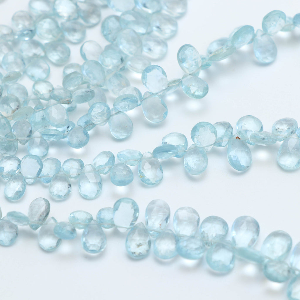 Natural Aquamarine Smooth Pear Beads, Aquamarine Smooth- 5x6.5 mm to 7x10 mm-Aquamarine Pear-Gem Quality,8 Inch Full Strand,Price Per Strand - National Facets, Gemstone Manufacturer, Natural Gemstones, Gemstone Beads