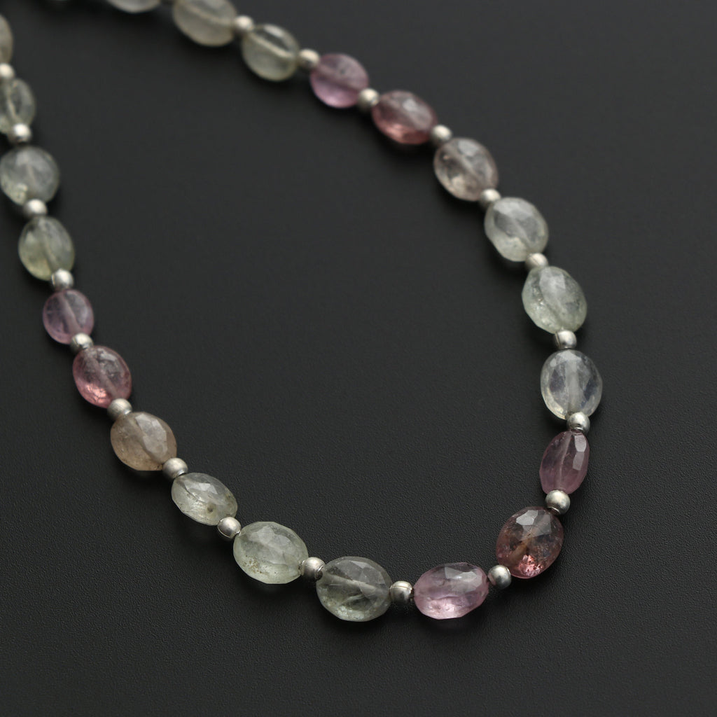 Multi Sapphire Faceted Oval Beads with Metal Spacer Balls 3x5mm to 4x7mm-Multi Sapphire Oval-Gem Quality,20 Cm Full Strand, Price Per Strand - National Facets, Gemstone Manufacturer, Natural Gemstones, Gemstone Beads