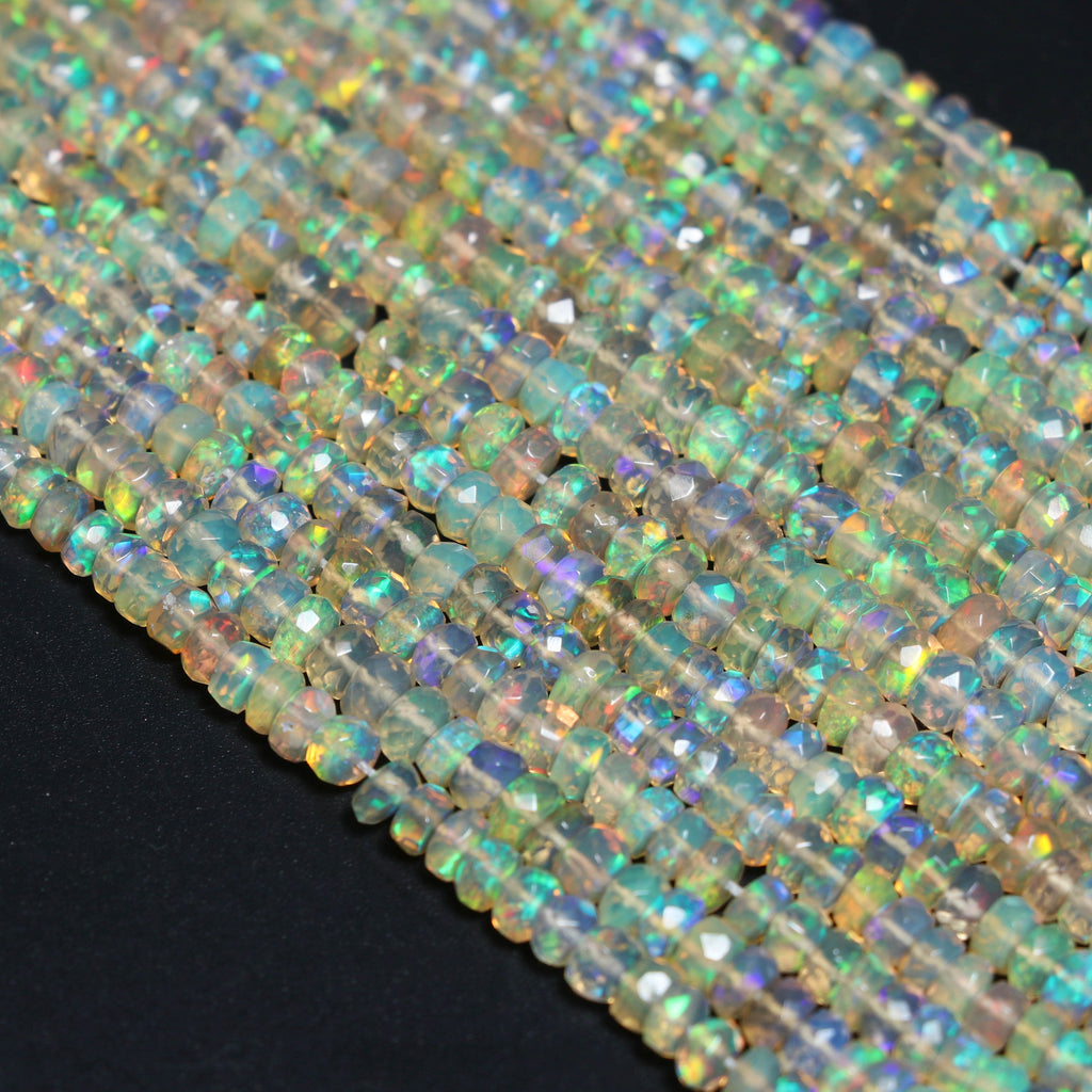 Natural Ethiopian Opal Faceted Roundell Beads, White Fire Opal , 3.5 mm to 4 mm - Ethiopian Opal - 8 Inch / 16 Inches, Price Per Strand - National Facets, Gemstone Manufacturer, Natural Gemstones, Gemstone Beads