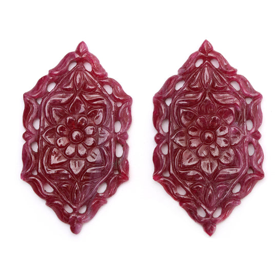 Natural Ruby Carving Hexagon Shaped Loose Gemstone - 27x50 mm - Ruby Hexagon, Ruby Carving Loose Gemstone, Pair (2 Pieces)